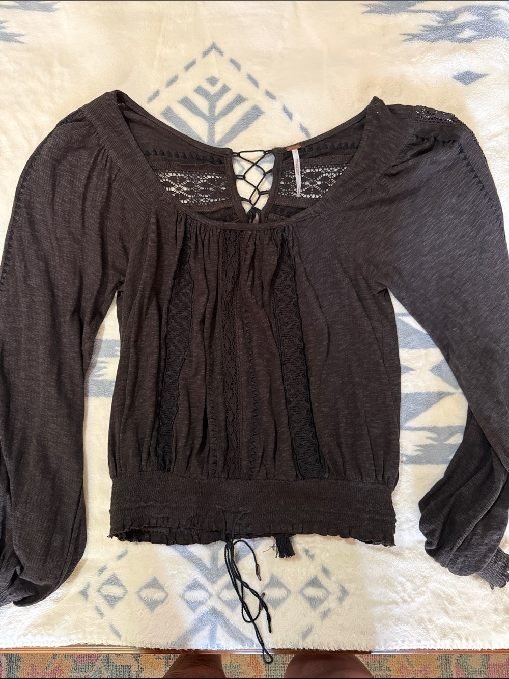 Free People Silverlake Smocked Hem Lace-Up Back Long Sleeve Peasant Top